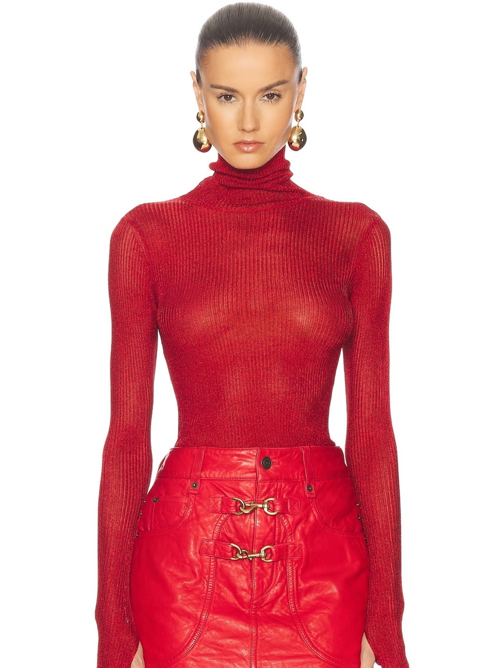 Isabel Marant NWOT Jaelis Metallic Ribbed-knit Red Sheer Turtleneck Sweater